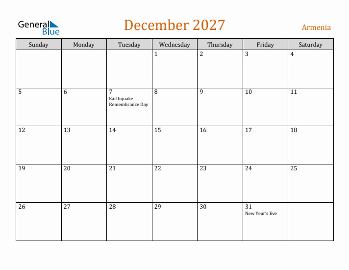 December 2027 Holiday Calendar with Sunday Start