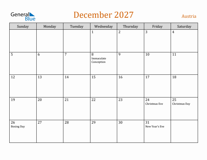 December 2027 Holiday Calendar with Sunday Start