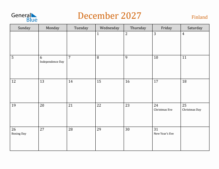 December 2027 Holiday Calendar with Sunday Start