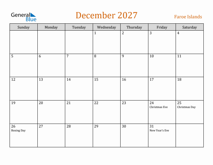 December 2027 Holiday Calendar with Sunday Start