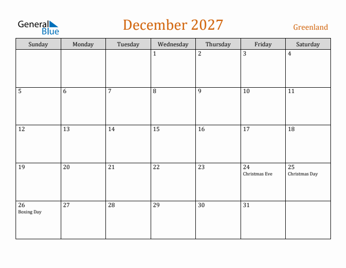 December 2027 Holiday Calendar with Sunday Start