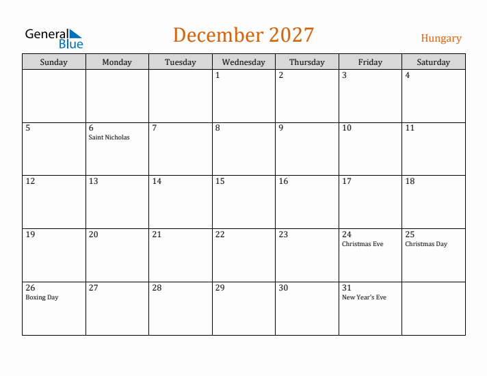 December 2027 Holiday Calendar with Sunday Start