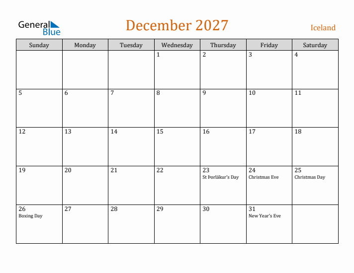 December 2027 Holiday Calendar with Sunday Start