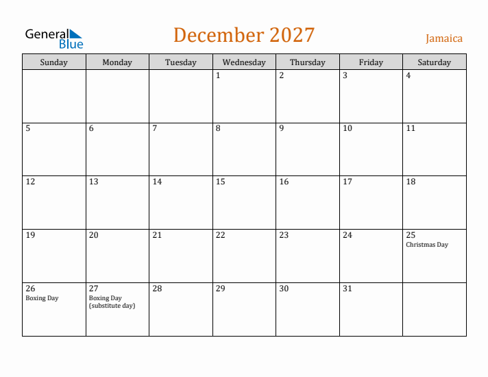 December 2027 Holiday Calendar with Sunday Start