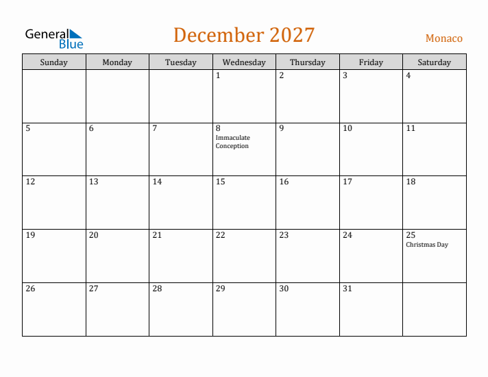 December 2027 Holiday Calendar with Sunday Start