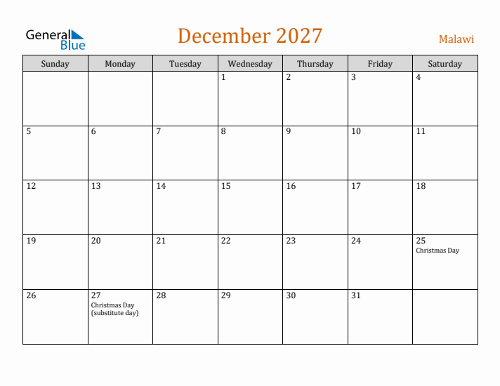 December 2027 Holiday Calendar with Sunday Start