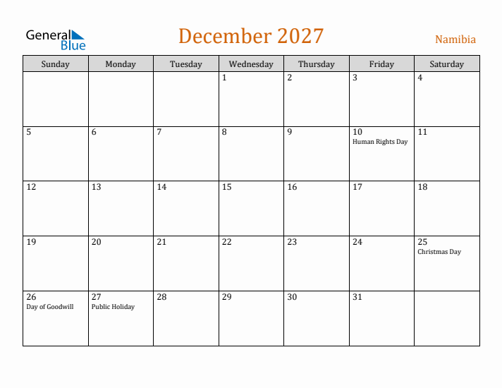 December 2027 Holiday Calendar with Sunday Start