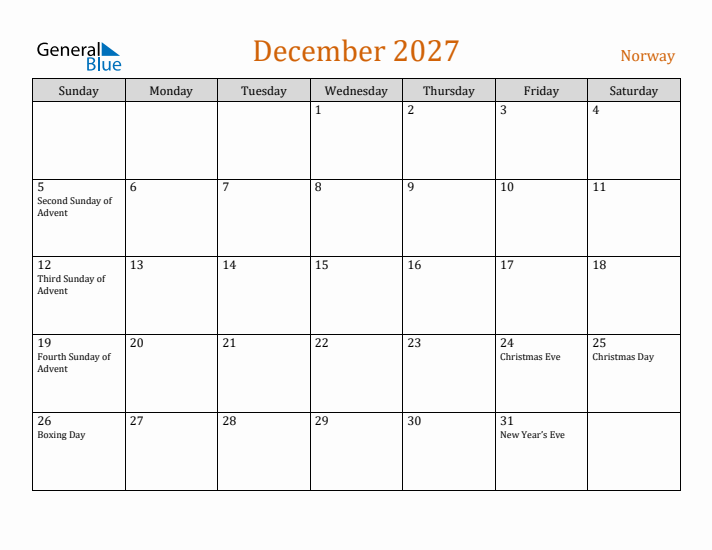 December 2027 Holiday Calendar with Sunday Start