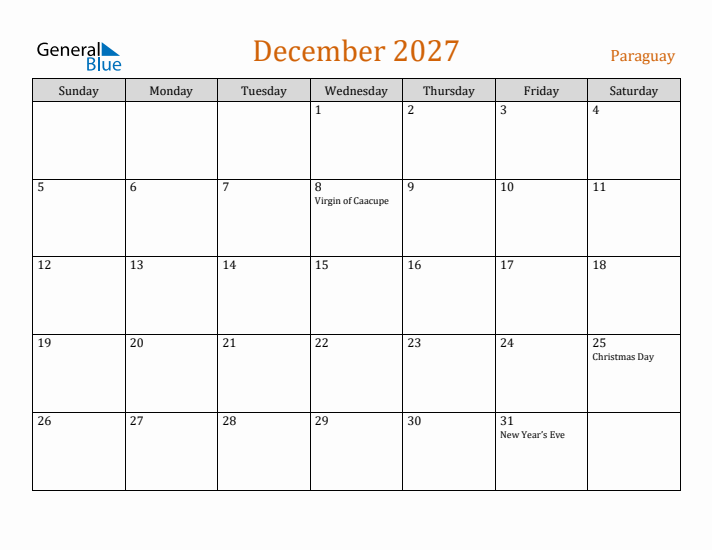 December 2027 Holiday Calendar with Sunday Start