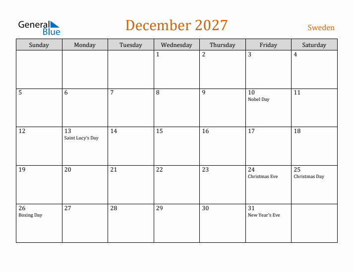 December 2027 Holiday Calendar with Sunday Start