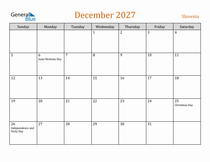 December 2027 Holiday Calendar with Sunday Start