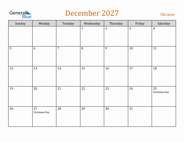 December 2027 Holiday Calendar with Sunday Start