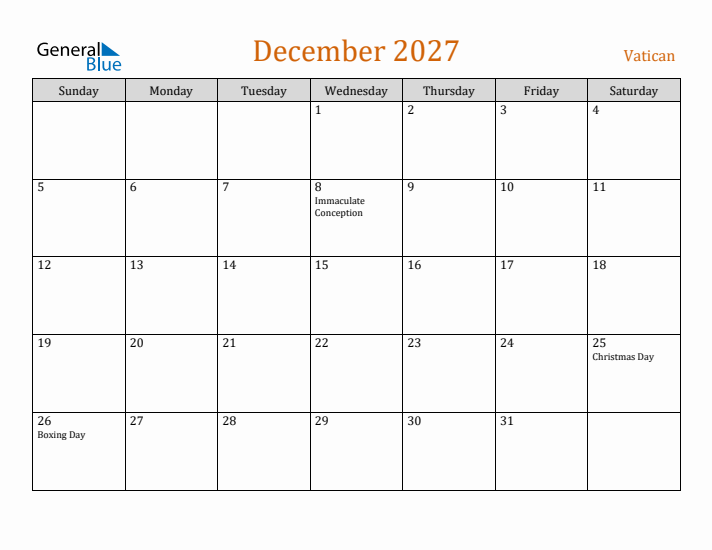 December 2027 Holiday Calendar with Sunday Start