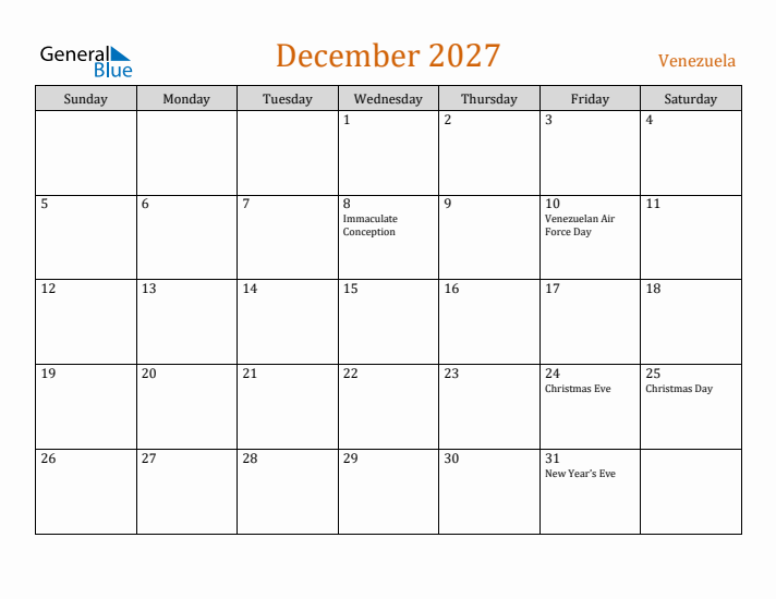 December 2027 Holiday Calendar with Sunday Start