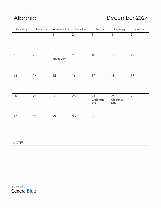 December 2027 Albania Calendar with Holidays (Monday Start)
