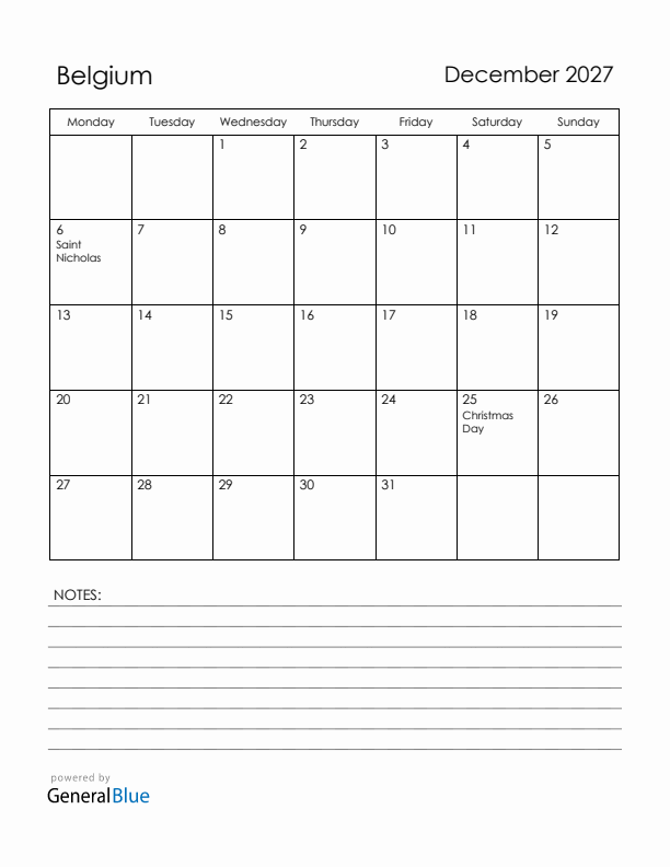 December 2027 Belgium Calendar with Holidays (Monday Start)
