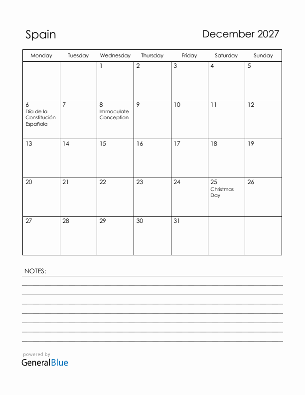 December 2027 Spain Calendar with Holidays (Monday Start)