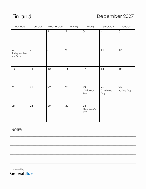 December 2027 Finland Calendar with Holidays (Monday Start)