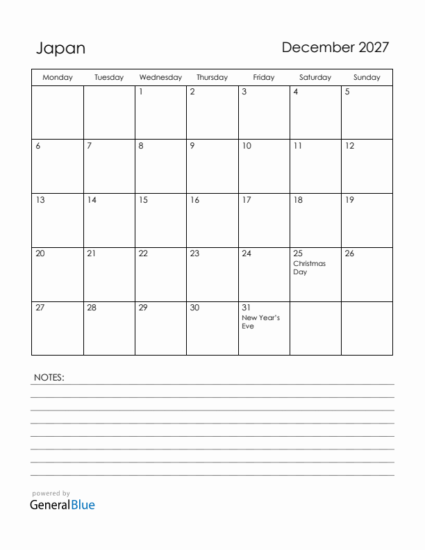 December 2027 Japan Calendar with Holidays (Monday Start)