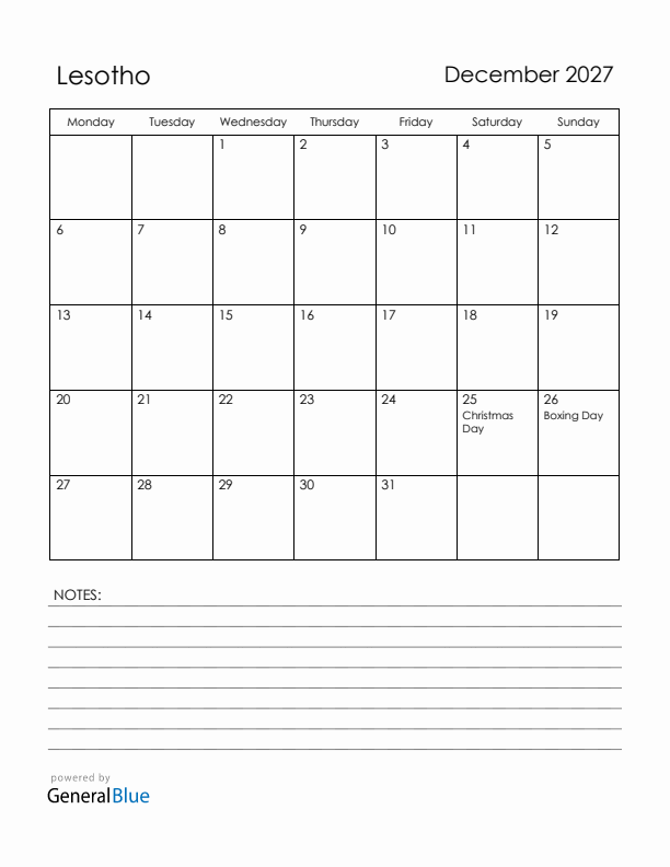 December 2027 Lesotho Calendar with Holidays (Monday Start)