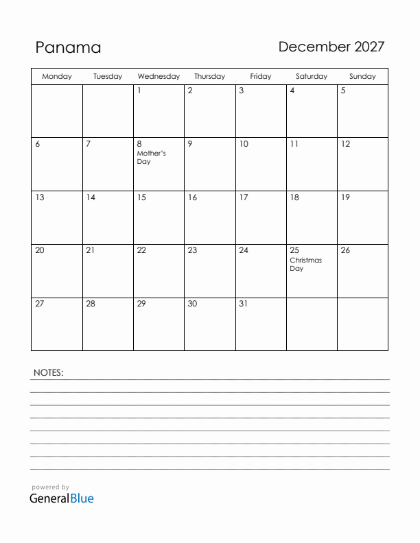 December 2027 Panama Calendar with Holidays (Monday Start)