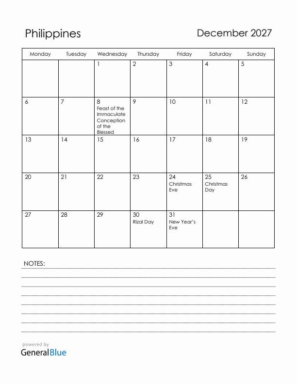 December 2027 Philippines Calendar with Holidays (Monday Start)