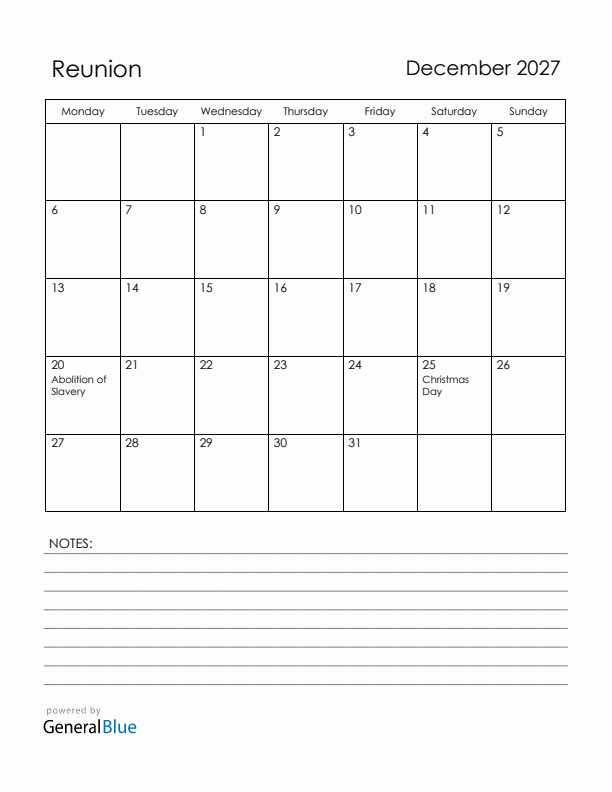 December 2027 Reunion Calendar with Holidays (Monday Start)