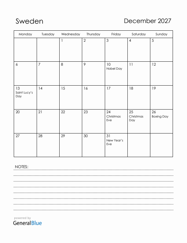 December 2027 Sweden Calendar with Holidays (Monday Start)