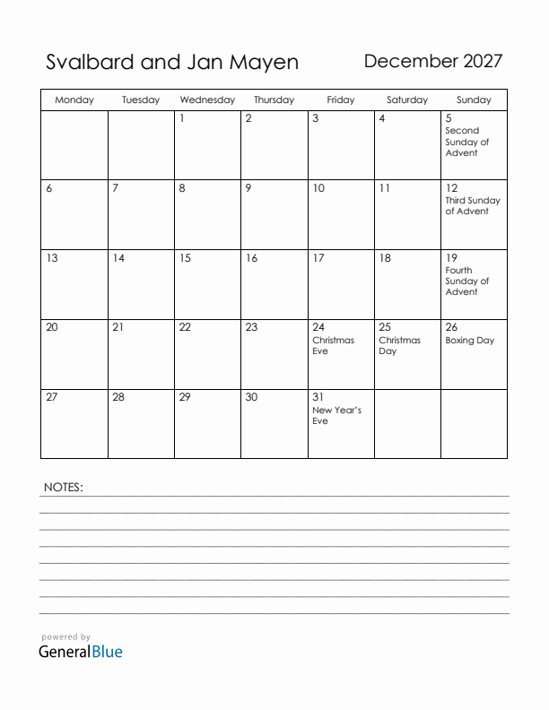 December 2027 Svalbard and Jan Mayen Calendar with Holidays (Monday Start)