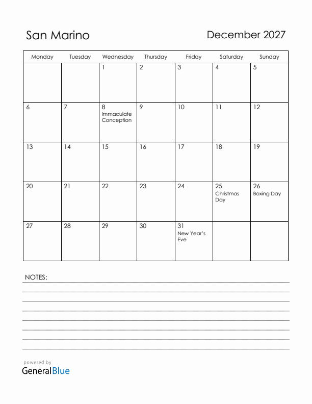 December 2027 San Marino Calendar with Holidays (Monday Start)