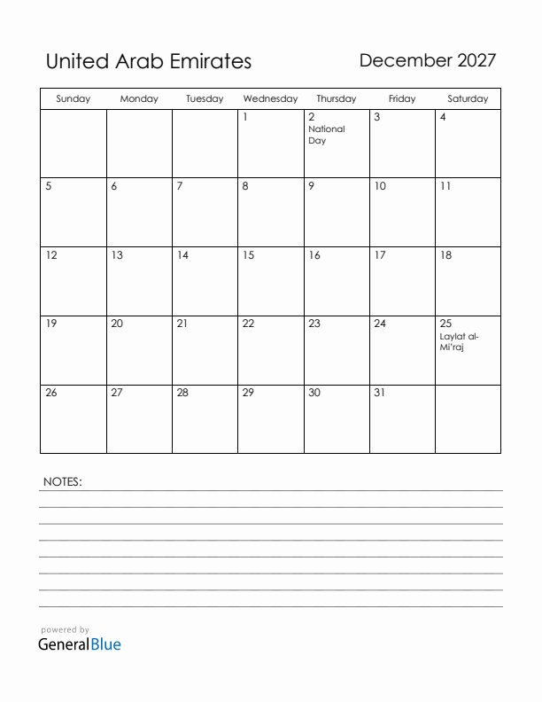 December 2027 United Arab Emirates Calendar with Holidays (Sunday Start)