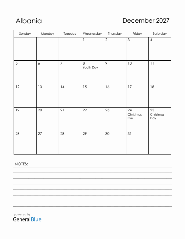December 2027 Albania Calendar with Holidays (Sunday Start)