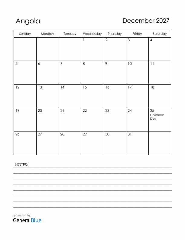 December 2027 Angola Calendar with Holidays (Sunday Start)