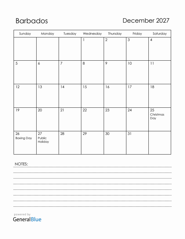 December 2027 Barbados Calendar with Holidays (Sunday Start)