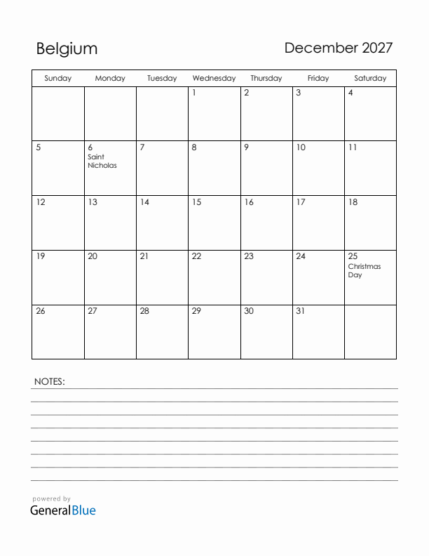 December 2027 Belgium Calendar with Holidays (Sunday Start)