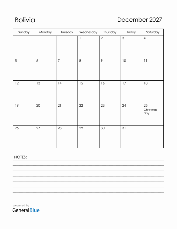 December 2027 Bolivia Calendar with Holidays (Sunday Start)