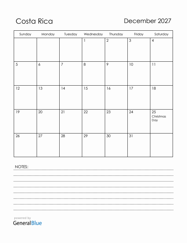 December 2027 Costa Rica Calendar with Holidays (Sunday Start)