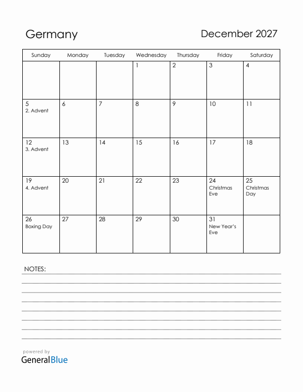 December 2027 Germany Calendar with Holidays (Sunday Start)