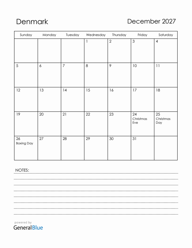 December 2027 Denmark Calendar with Holidays (Sunday Start)