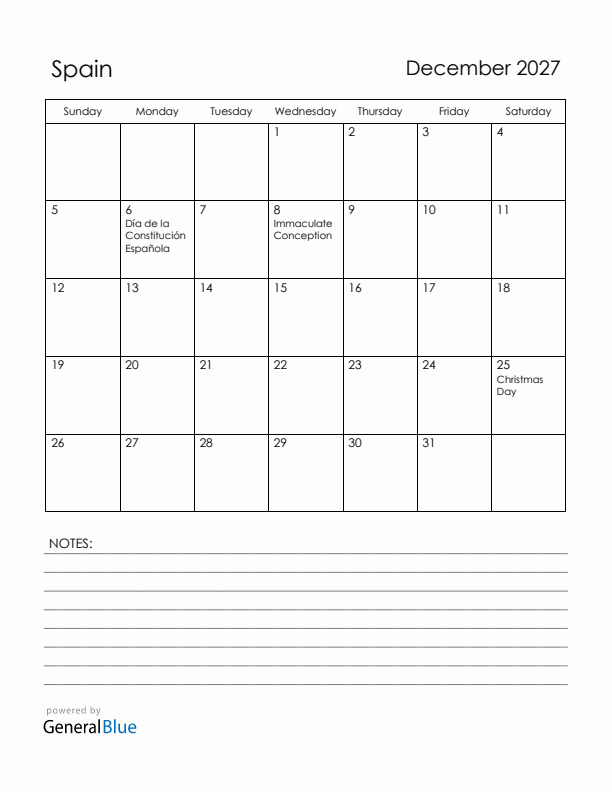 December 2027 Spain Calendar with Holidays (Sunday Start)