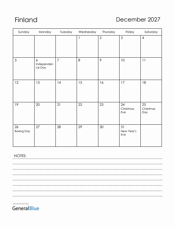 December 2027 Finland Calendar with Holidays (Sunday Start)