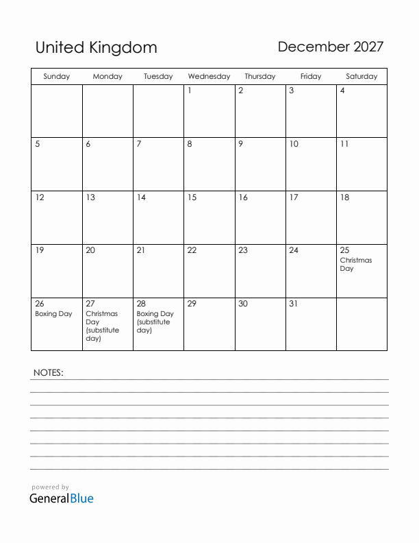December 2027 United Kingdom Calendar with Holidays (Sunday Start)
