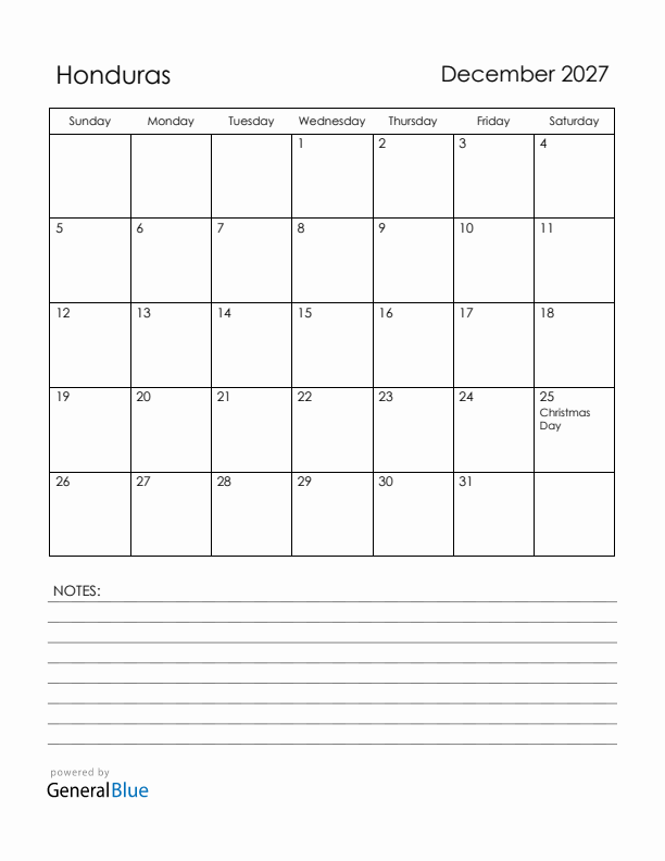 December 2027 Honduras Calendar with Holidays (Sunday Start)