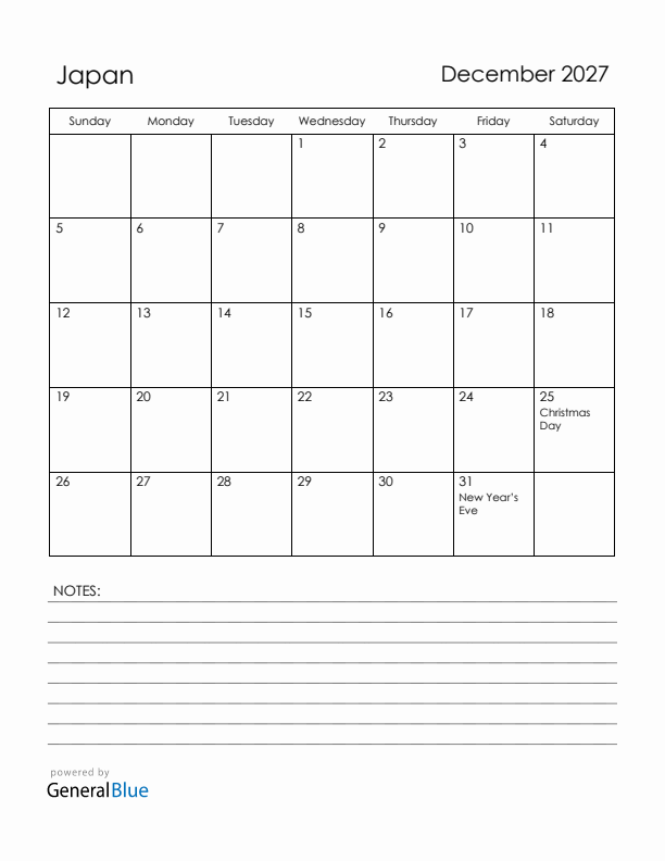 December 2027 Japan Calendar with Holidays (Sunday Start)