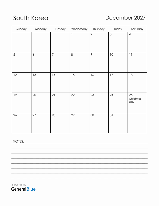 December 2027 South Korea Calendar with Holidays (Sunday Start)