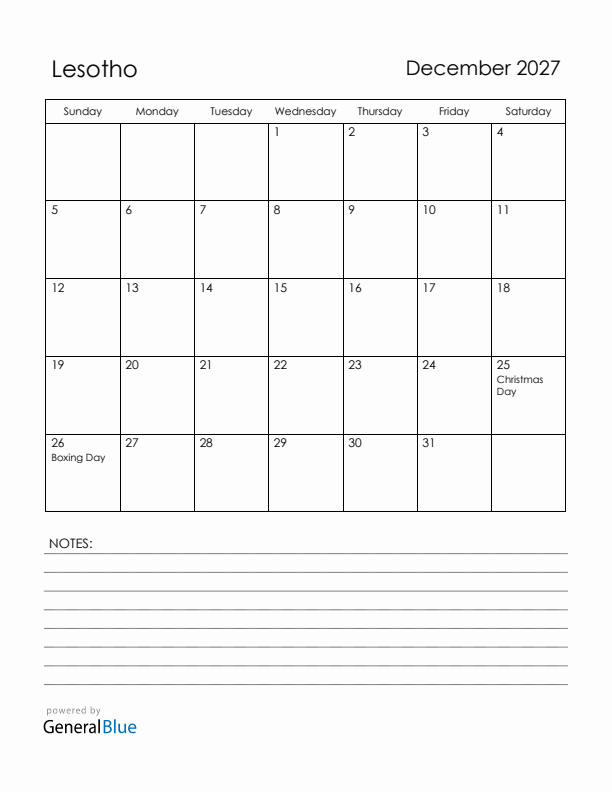 December 2027 Lesotho Calendar with Holidays (Sunday Start)