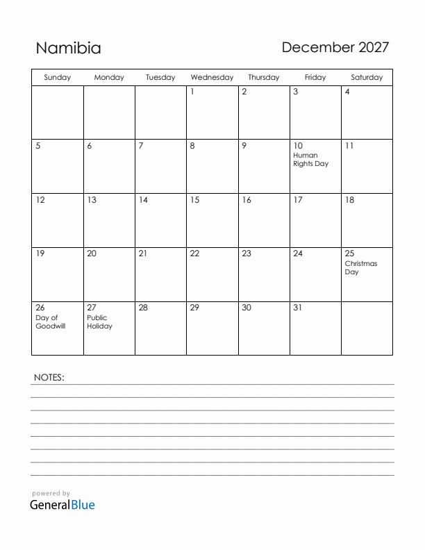 December 2027 Namibia Calendar with Holidays (Sunday Start)