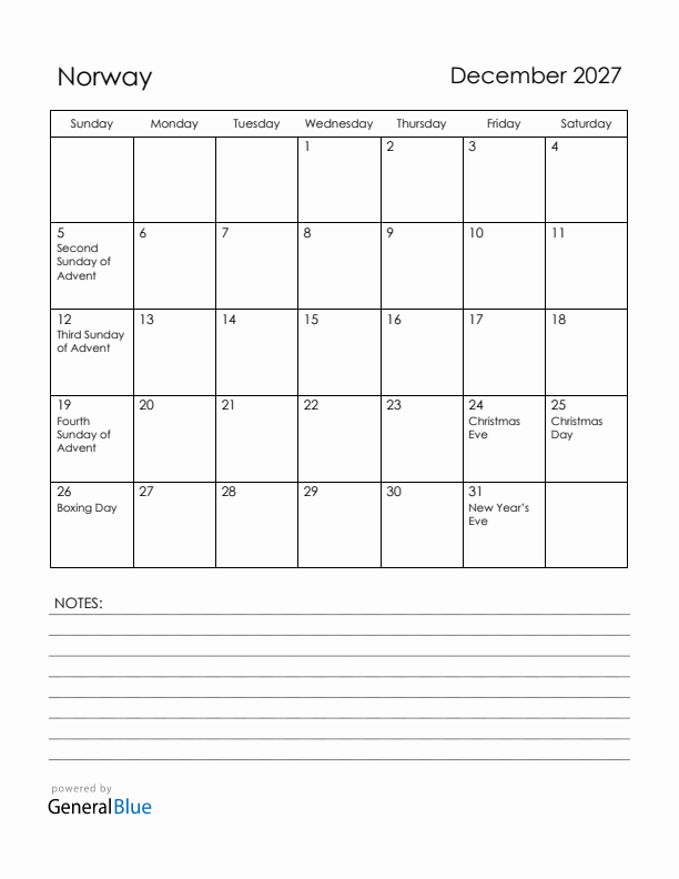 December 2027 Norway Calendar with Holidays (Sunday Start)