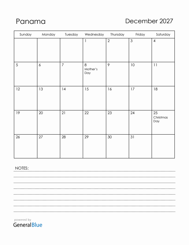 December 2027 Panama Calendar with Holidays (Sunday Start)