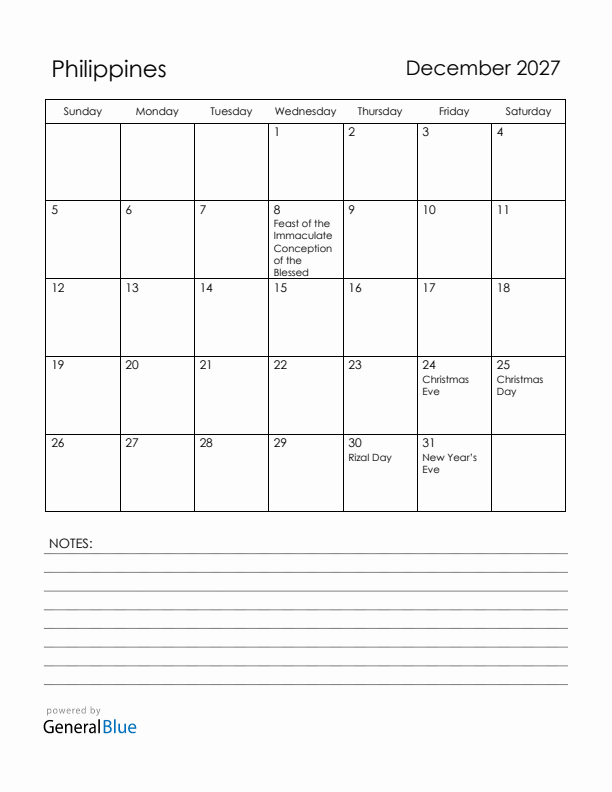 December 2027 Philippines Calendar with Holidays (Sunday Start)